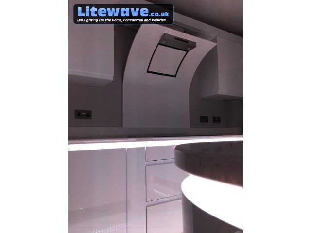 LED Strip fitted to underside of kitchen counter - displaying warm white